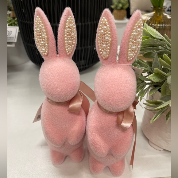 Pink Flocked Easter Bunny Set of 2 with Faux Pearl Ears and Ribbon NEW - Picture 1 of 3
